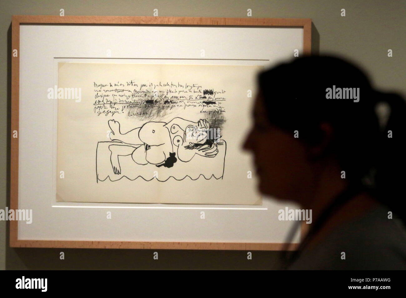 July 4, 2018 - July 4, 2018 (Malaga) The exhibition 'The Bestiary of Picasso' in the Birthplace of Pablo Ruiz Picasso. It consists of 54 works including drawings, illustrated books with original engravings, photographs, ceramics, lithographs, etchings and linocuts, among other techniques used by the painter from Malaga, which are part of the collections of the FundaciÃ³n Picasso Casa Natal.casso Museum in Malaga reveals the painter's relationship with animals.The bestiary of Picasso 'represents a selection of animals that went through the life of the artist and immortalized in hundreds of work Stock Photo