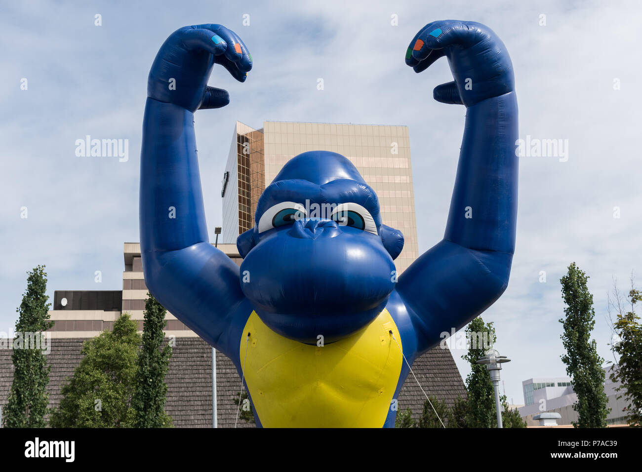 Anchorage, Alaska. 4th July, 2018. A giant inflatable gorilla float rises above the downtown during the annual Independence Day parade July 4, 2018 in Anchorage, Alaska. Credit: Planetpix/Alamy Live News Stock Photo