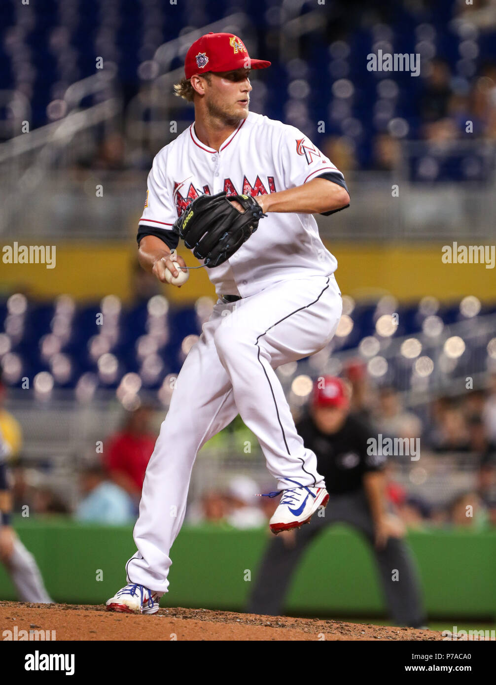 July 03, 2018: Miami Marlins relief pitcher Drew Steckenrider (71) prepares to pitch in the seventh inning during a MLB game between the Tampa Bay Rays and the Miami Marlins at the Marlins Park, in Miami, Florida. The Rays won 9-6 in the 16th inning. Mario Houben/CSM Stock Photo
