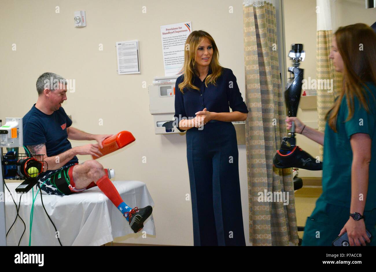 Bethesda, Maryland, USA. 3rd July, 2018. U.S First Lady Melania Trump visits with wounded warriors during a surprise visit to Walter Reed National Military Medical Center July 3, 2018 in Bethesda, Maryland. Credit: Planetpix/Alamy Live News Stock Photo