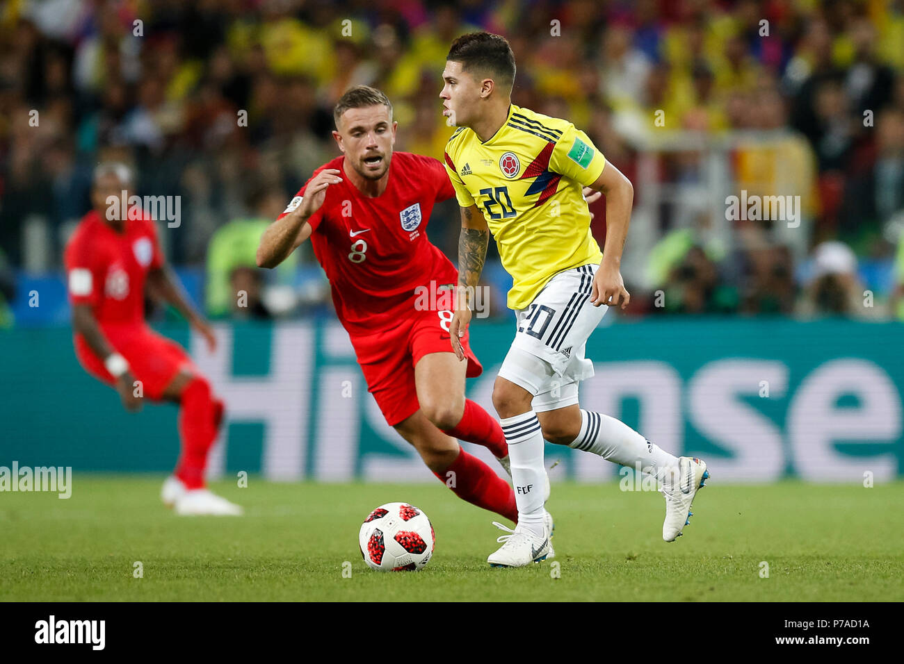 Moscow, Russia. 3rd July, 2018. Jordan Henderson of England and Juan Quintero of Colombia during the 2018 FIFA World Cup Round of 16 match between Colombia and England at Spartak Stadium on July 3rd 2018 in Moscow, Russia. (Photo by Daniel Chesterton/phcimages.com) Credit: PHC Images/Alamy Live News Stock Photo