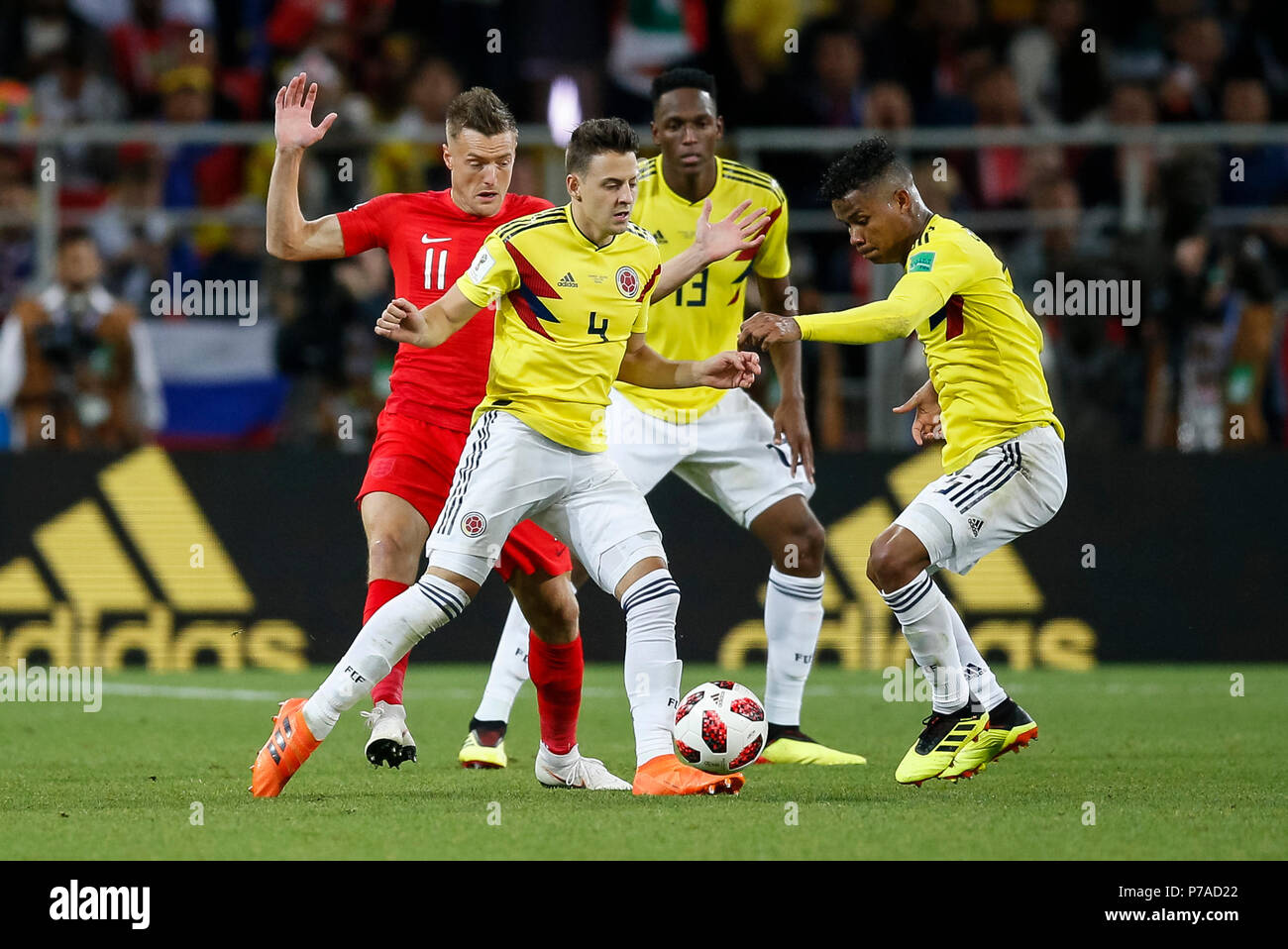 Moscow, Russia. 3rd July, 2018. Jamie Vardy of England, Santiago Arias of Colombia, Yerry Mina of Colombia and Wilmar Barrios of Colombia during the 2018 FIFA World Cup Round of 16 match between Colombia and England at Spartak Stadium on July 3rd 2018 in Moscow, Russia. (Photo by Daniel Chesterton/phcimages.com) Credit: PHC Images/Alamy Live News Stock Photo