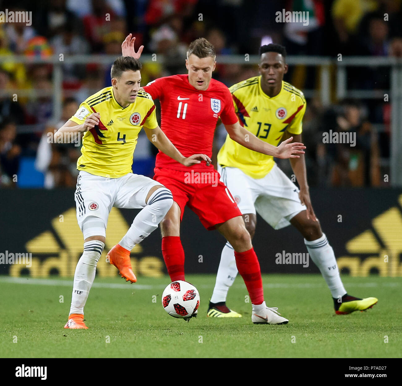 Moscow, Russia. 3rd July, 2018. Santiago Arias of Colombia, Jamie Vardy of England and Yerry Mina of Colombia during the 2018 FIFA World Cup Round of 16 match between Colombia and England at Spartak Stadium on July 3rd 2018 in Moscow, Russia. (Photo by Daniel Chesterton/phcimages.com) Credit: PHC Images/Alamy Live News Stock Photo