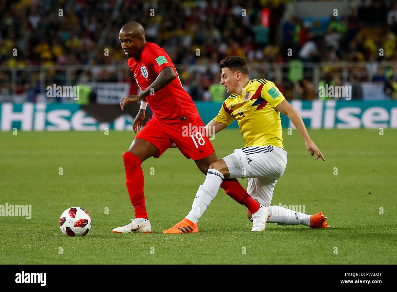 Moscow, Russia. 3rd July, 2018. Ashley Young of England and Santiago Arias of Colombia during the 2018 FIFA World Cup Round of 16 match between Colombia and England at Spartak Stadium on July 3rd 2018 in Moscow, Russia. (Photo by Daniel Chesterton/phcimages.com) Credit: PHC Images/Alamy Live News Stock Photo