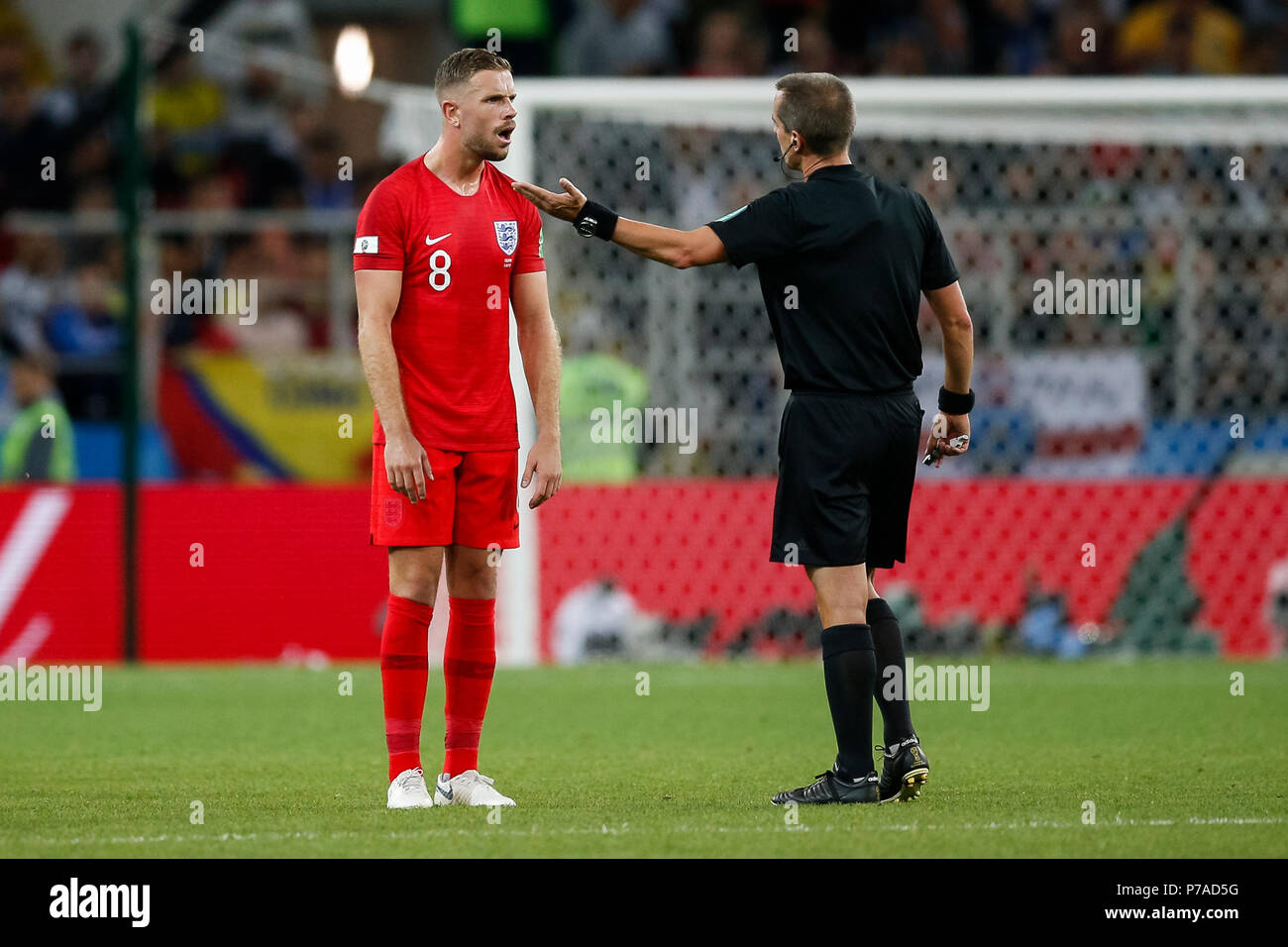 Moscow, Russia. 3rd July, 2018. Jordan Henderson of England contests a decision with referee Mark Geiger during the 2018 FIFA World Cup Round of 16 match between Colombia and England at Spartak Stadium on July 3rd 2018 in Moscow, Russia. (Photo by Daniel Chesterton/phcimages.com) Credit: PHC Images/Alamy Live News Stock Photo