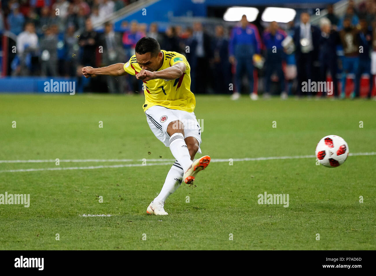 Moscow, Russia. 3rd July, 2018. Carlos Bacca of Colombia misses his penalty during the penalty shootout after the 2018 FIFA World Cup Round of 16 match between Colombia and England at Spartak Stadium on July 3rd 2018 in Moscow, Russia. (Photo by Daniel Chesterton/phcimages.com) Credit: PHC Images/Alamy Live News Stock Photo