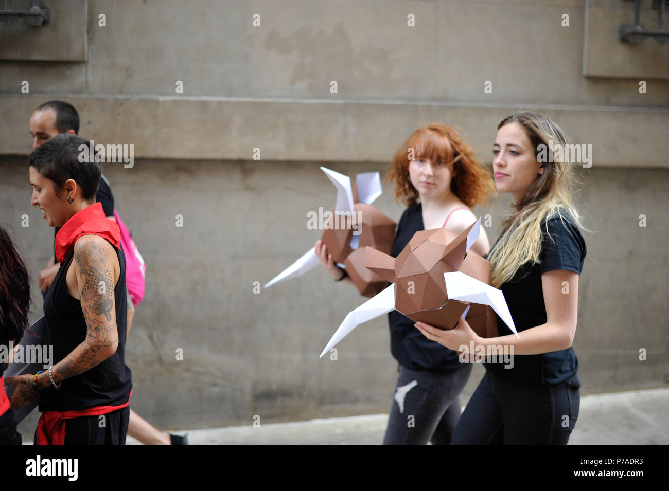 Pamplona, Spain. 5th July, 2018. Activists from PETA and AnimaNaturalis stage a protest in Pamplona on July 5, 2018 ahead of the San Fermin festival and its infamous running of the bulls. The organizations demand that the festival be stopped due to animal cruelty. Credit: Mikel Cia Da Riva/Alamy Live News Stock Photo