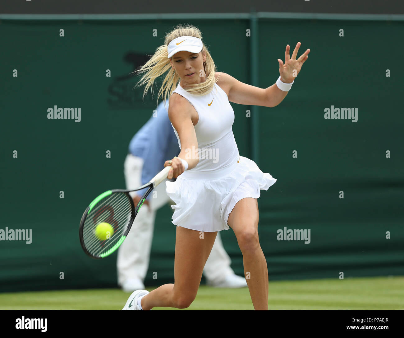 London, UK. All England Lawn Tennis and Croquet Club, London, England; The  Wimbledon Tennis Championships, Day 4; Katie Boulter (GBR) plays a forehand  shot during her second round match against Naomi Osaka (