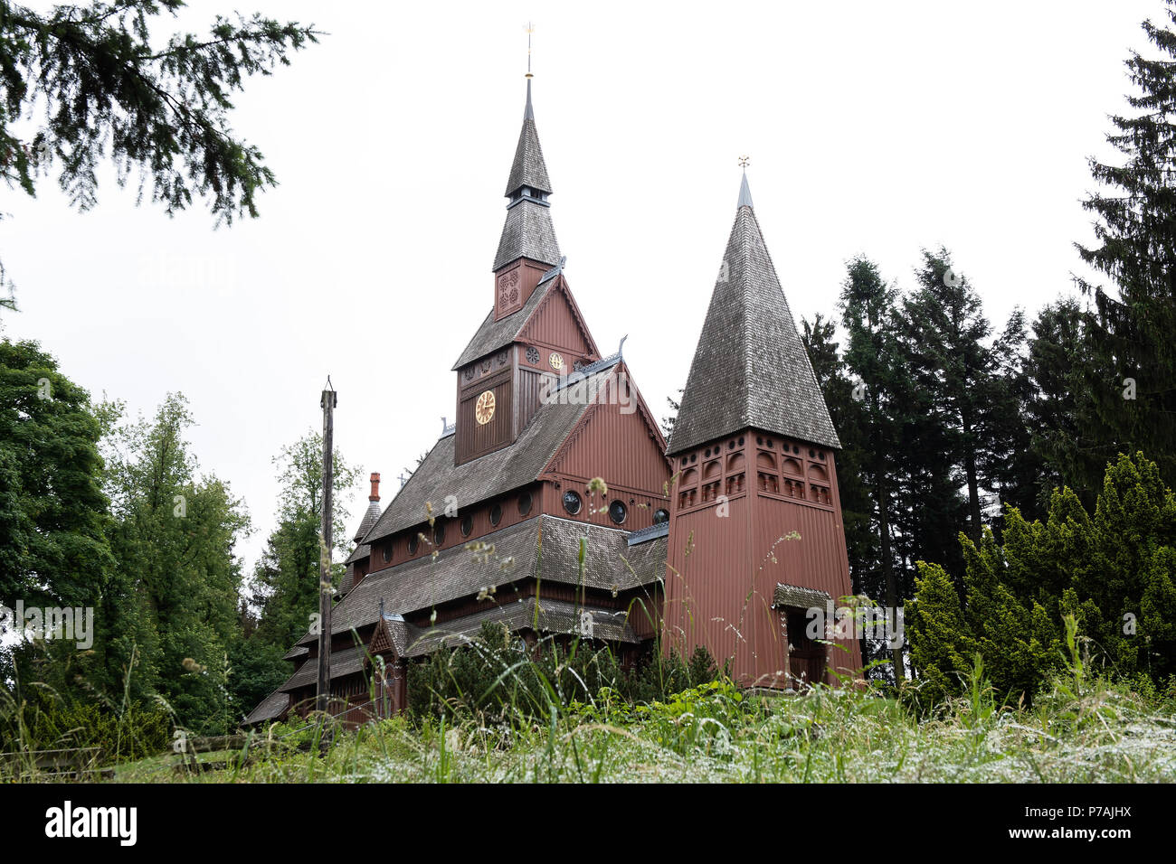 15 June 2018, Germany, Hahnenklee: The exterior of the Gustav Adolf Stave Church in Hahnenklee. Photo: Swen Pförtner/dpa Stock Photo