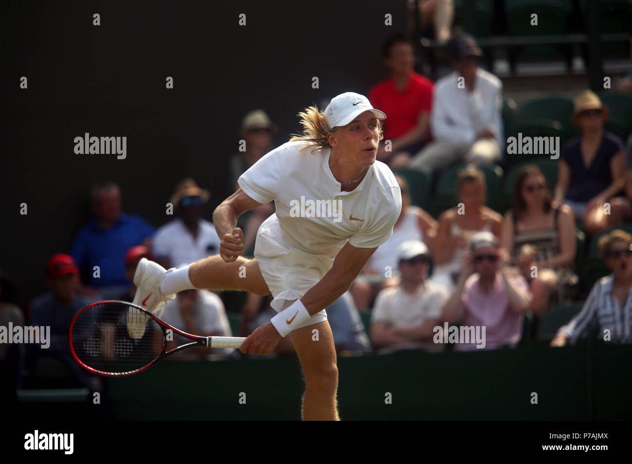 London, England - July 5, 2018.  Wimbledon Tennis:  Canada's Denis Shapovalov on action against France'd Benoit Paire during second round action at Wimbledon today. Credit: Adam Stoltman/Alamy Live News Stock Photo
