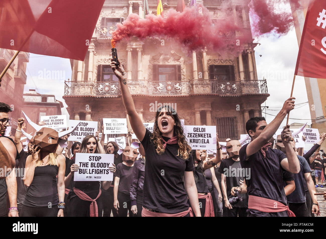Pamplona, Navarra, Spain. 5th July, 2018. Protest against animal cruelty in bull fightings before San Fermin celebrations in Pamplona, Spain. Credit: Celestino Arce/ZUMA Wire/Alamy Live News Stock Photo