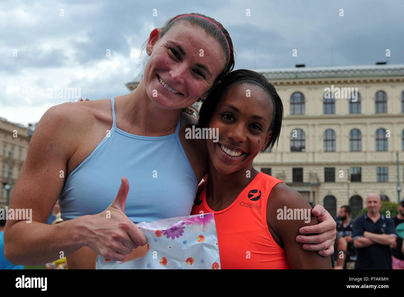 Prague, Czech Republic. 5th July, 2018. Kortney Ross (L) and Megan Clark  (R) of United States of America wons the women competition the Prague pole  vault meeting in Prague, Czech Republic, July