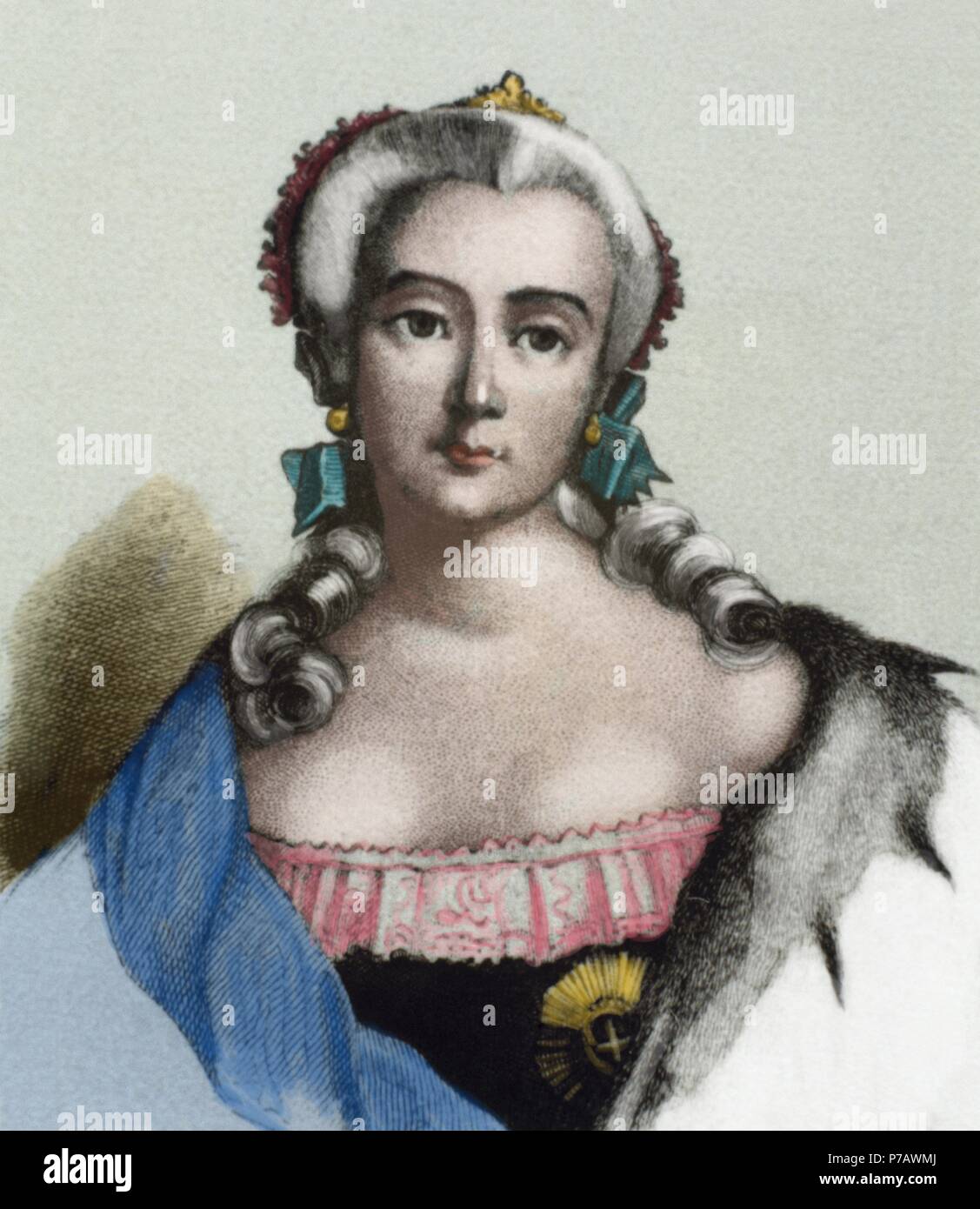 Elisabeth of Russia (1709-1762). Empress of Russia. House of Romanov. Portrait. Engrving. Colored. Stock Photo