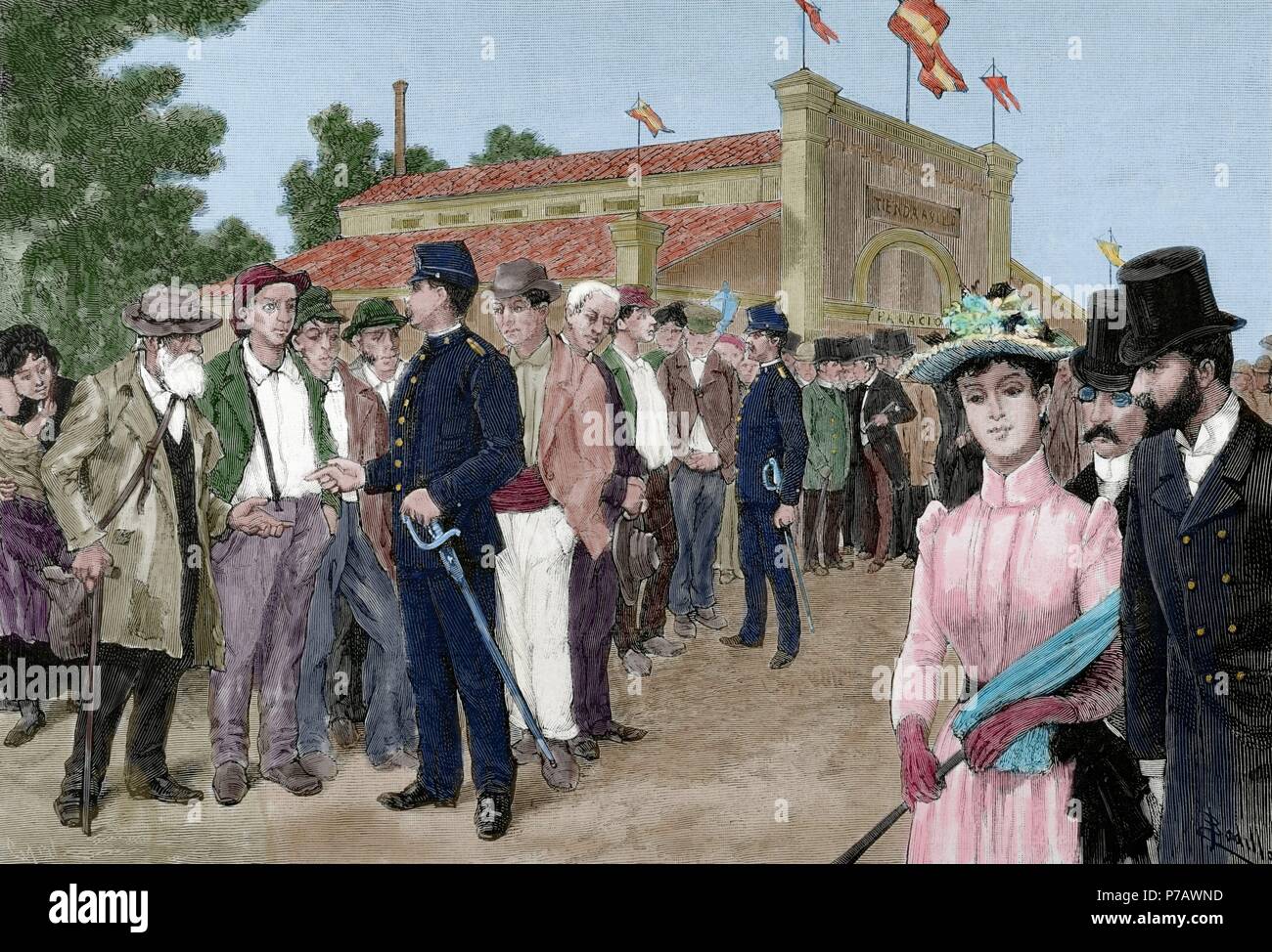 Queues poor to eat free. Madrid. Shop Asylum opened by Queen of Spain, Maria Christina of Austria (1858-1929). Engraving by Capuz. La Ilustracion Espanola y Americana, 1889. Colored. Stock Photo