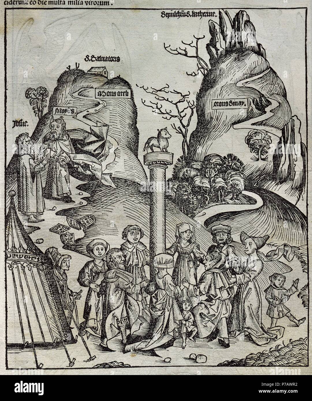 Old Testament. Moses  broken the tables of the law. The Israelites during Mose«s absence adoring the idol of Golden calf. Engraving. Liber Chronicarum by Hartman Shedel. 15th century. Stock Photo