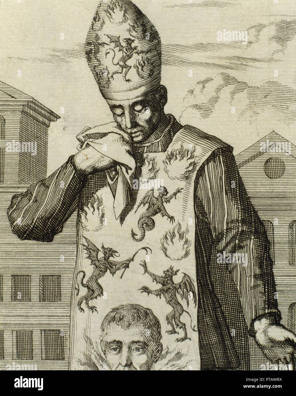 Convicted heretic before the Inquisition wearing a samarra. Engraving. 1692. Stock Photo