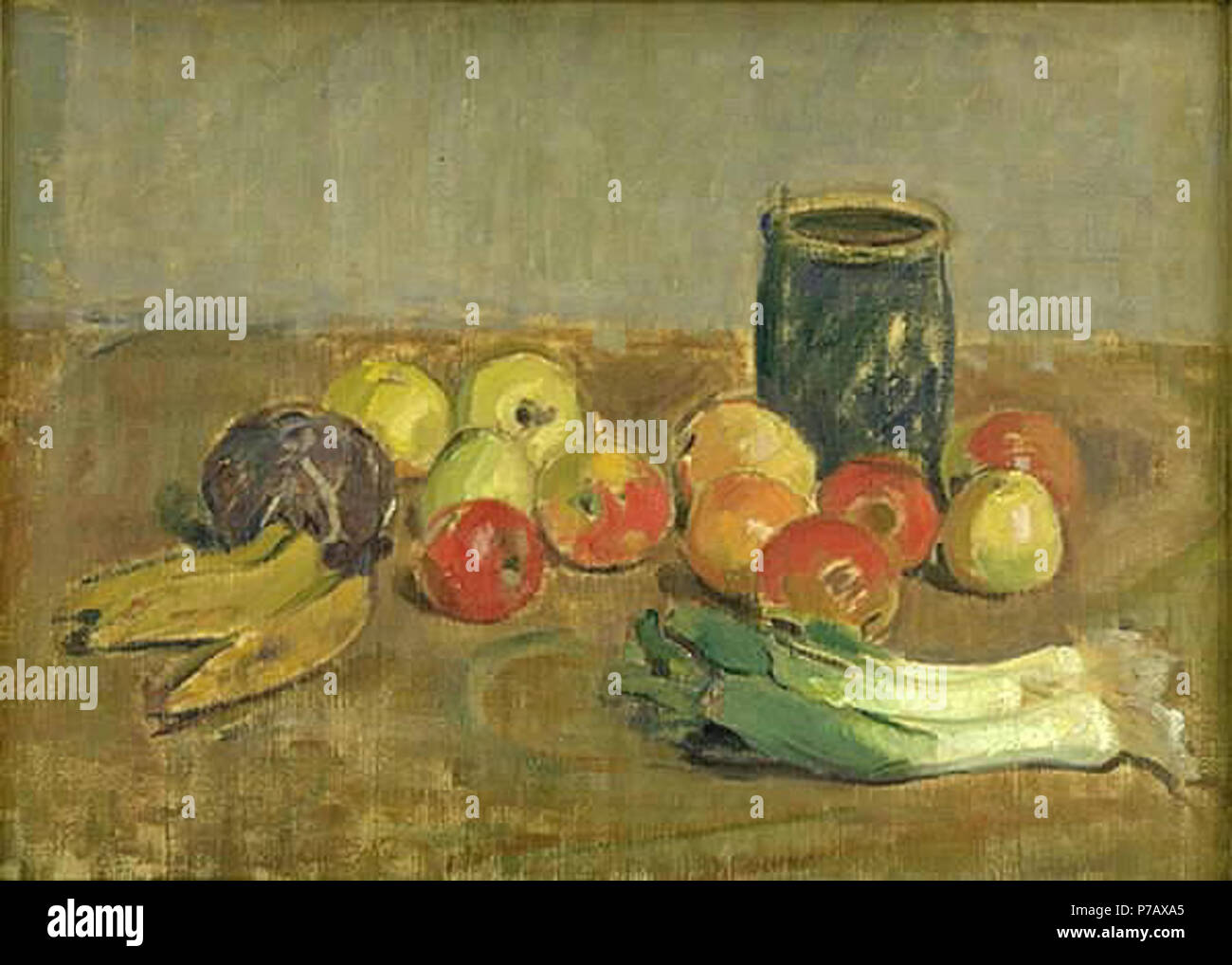 Karl Isakson (18781922), Nature morte. Aebler, porrer, bananer, og