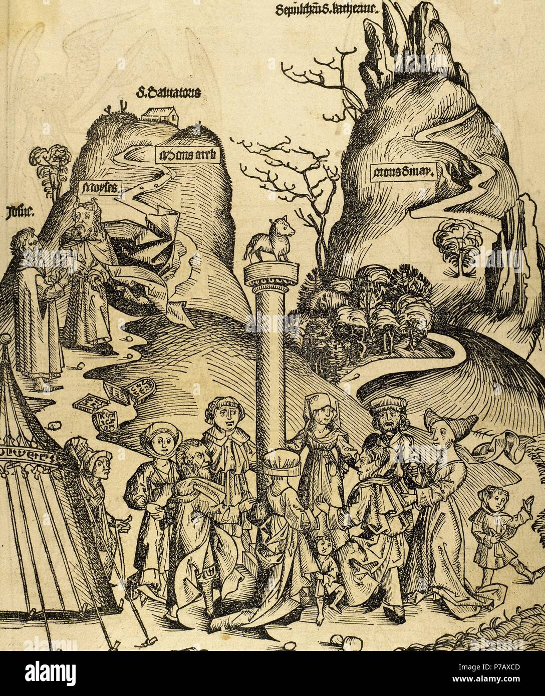 Moses and Joshua descend from Mount Sinai with the tablets of the Law broken and found the Israelites worshiping the golden fleece. Engraving in Liber Chronicarum by Hartman Schedel, 15th century. Latin edition. Stock Photo