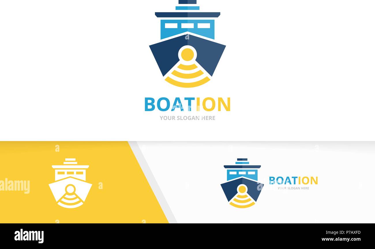 Vector ship and wifi logo combination. Boat and signal symbol or icon. Unique yacht and radio logotype design template. Stock Vector
