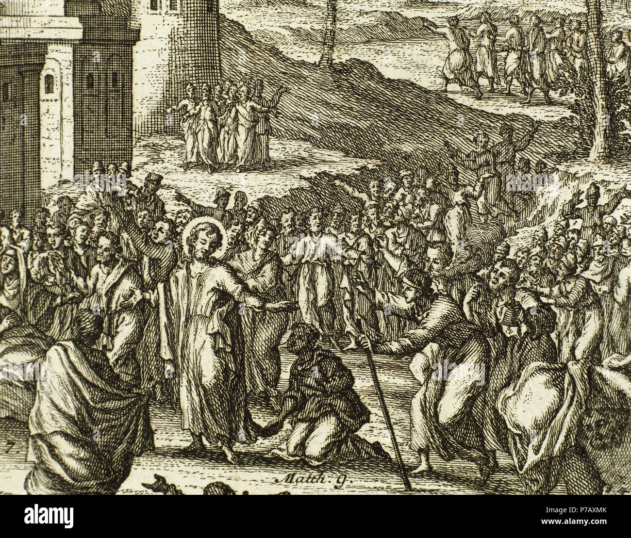 Jesus forgiving sins and healing a paralytic. Matthew, chapter 9. Engraving. Stock Photo