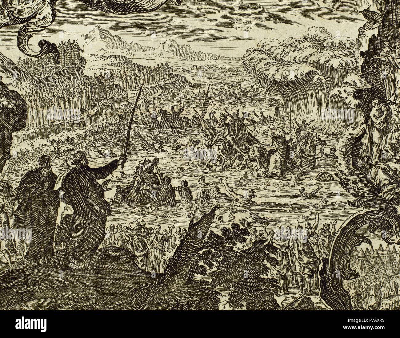 Parting of the waters of the Red Sea. Book of Exodus. Chapter 15, verse 1. Engraving. Stock Photo