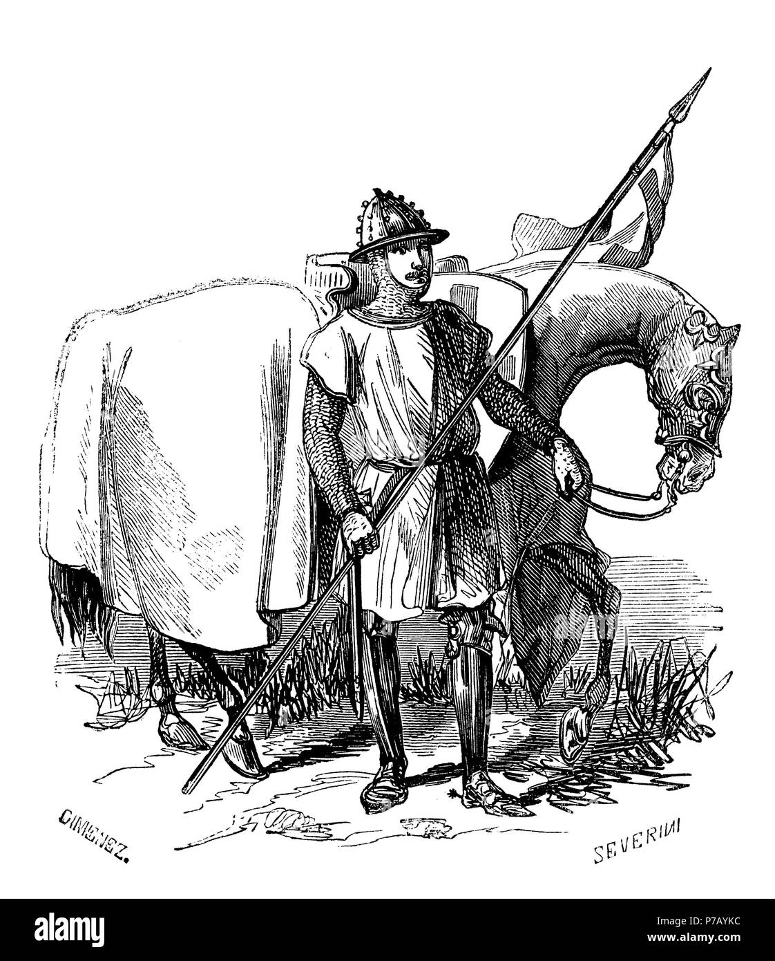 Catalunya. Soldado de caballería de la Corona de Aragón en el siglo XIV. Grabado de 1925. Stock Photo