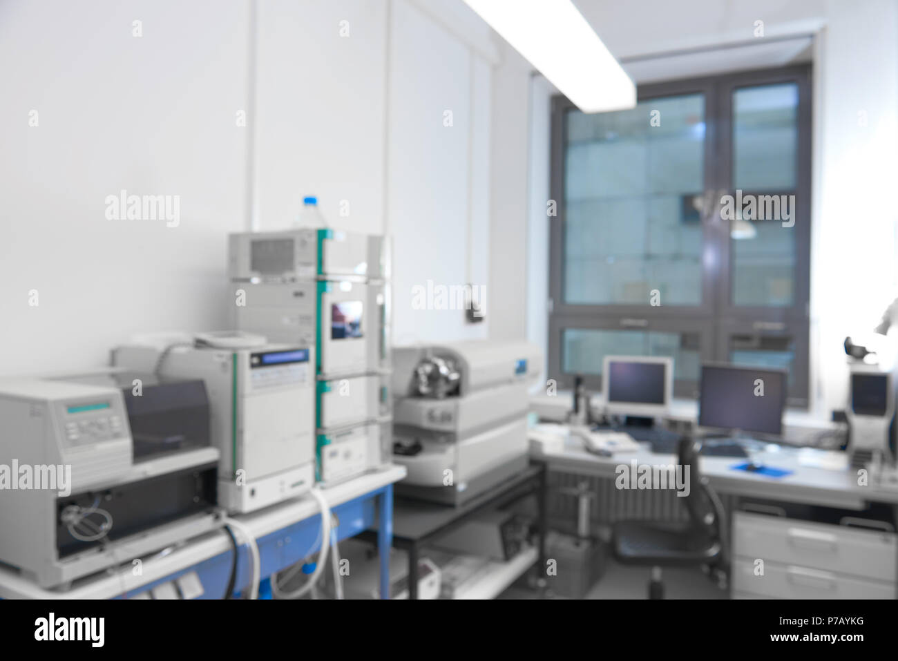 Scientific interior background. Modern laboratory interior out of focus, including equipment Stock Photo