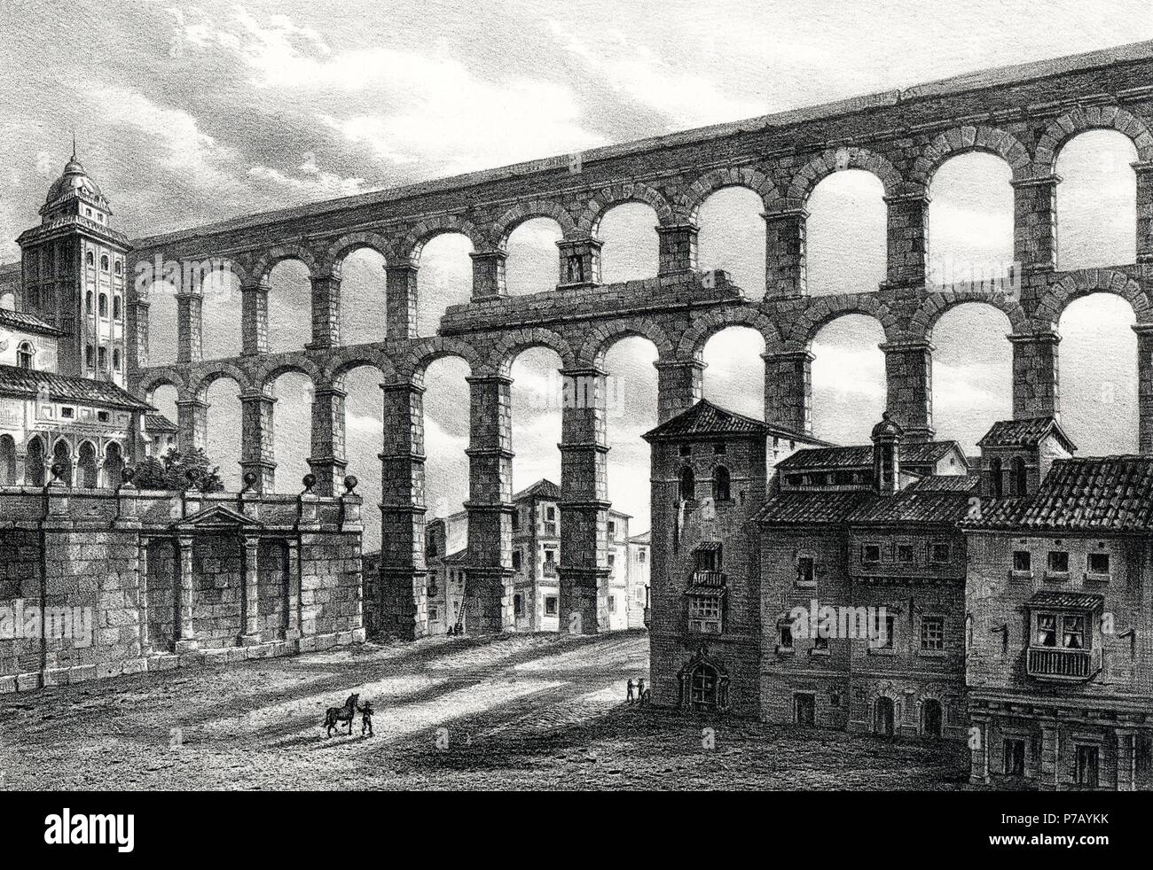 Historia. Acueducto de Segovia construído en el siglo II en época del emperador Trajano. Grabado de 1871. Stock Photo