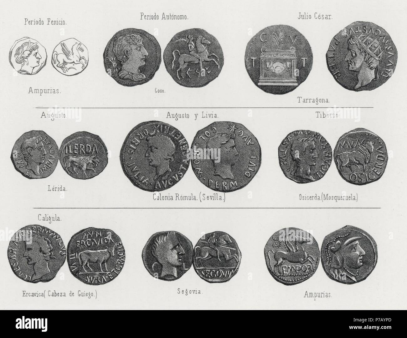 Historia. Monedas acuñadas en España. Grabado de 1871. Stock Photo