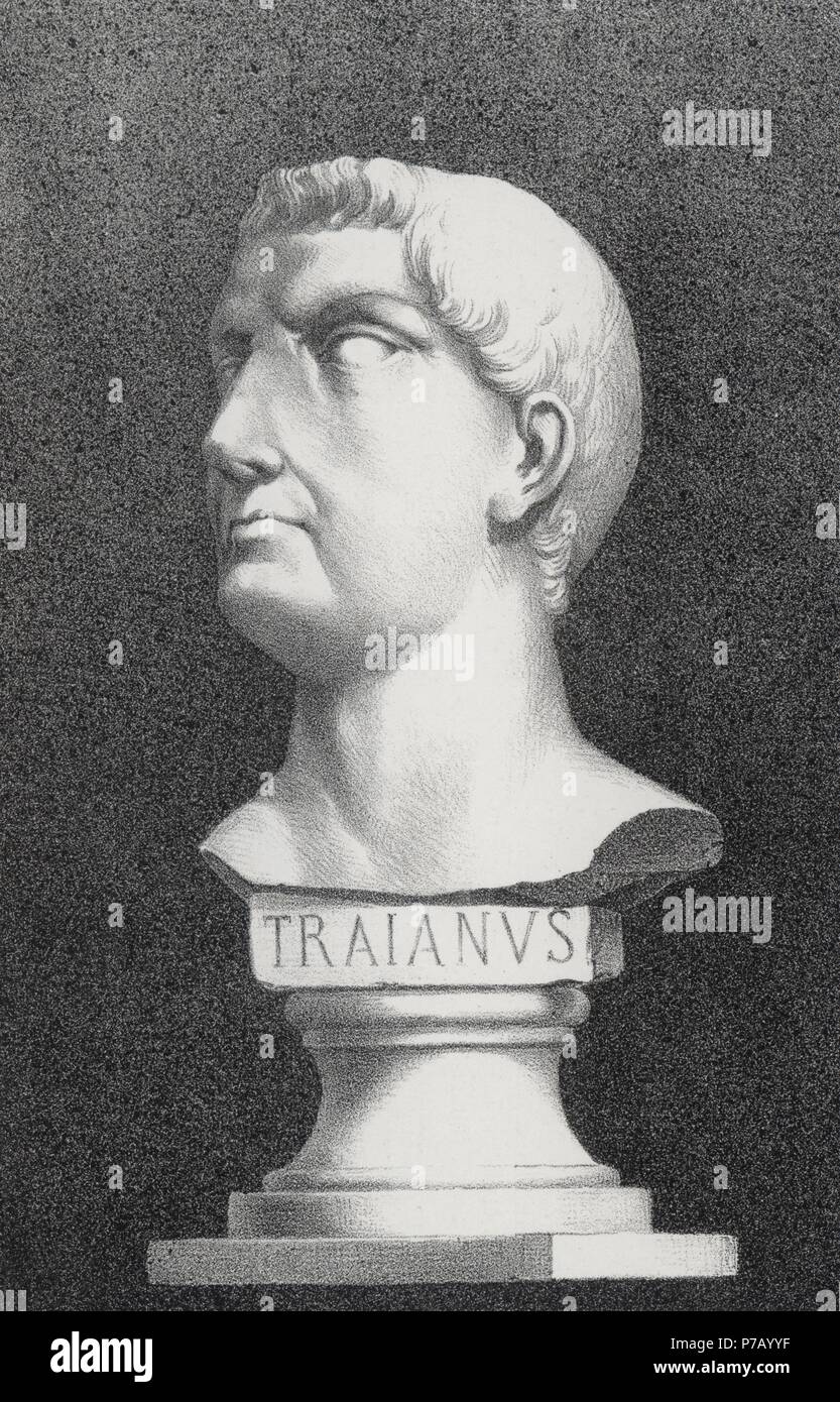 Historia. Busto de Marco Ulpio Trajano (53-117), emperador romano, en el museo arqueológico de Tarragona. Grabado de 1871. Stock Photo