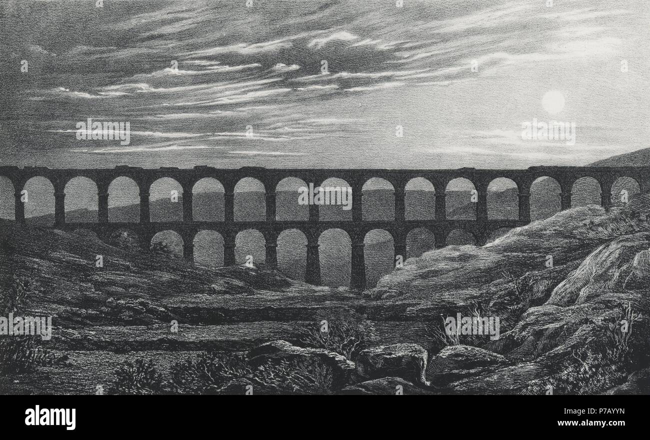 Historia. Acueducto romano de Les Ferreres o Puente del Diablo en Tarragona, construído en el siglo I por Augusto. Grabado de 1871. Stock Photo