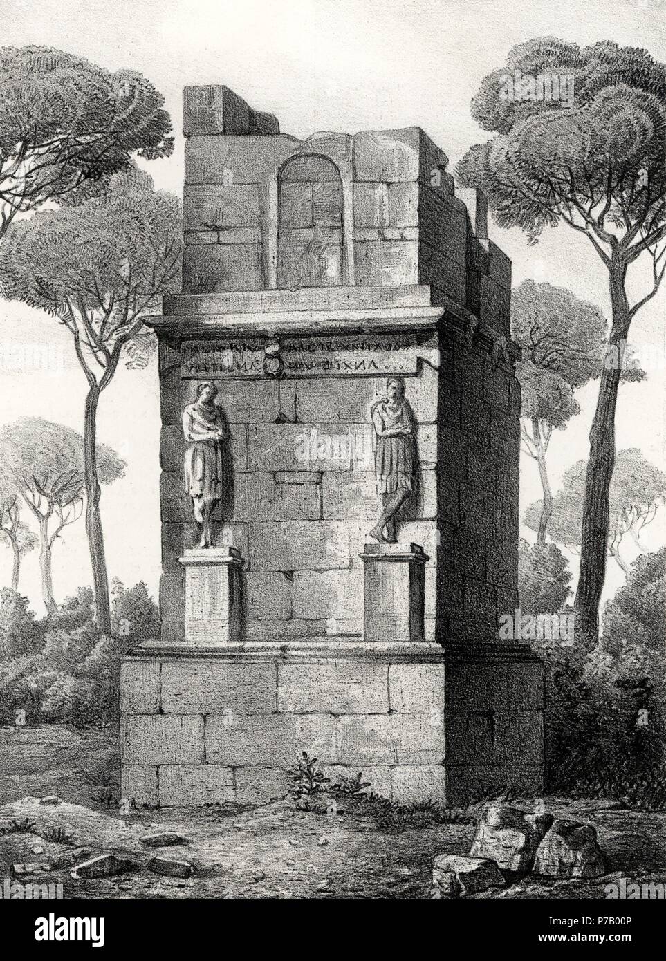 Historia. Torre de los Escipiones, monumento funerario erigido en Tarragona a mediados del siglo I. Grabado de 1871. Stock Photo