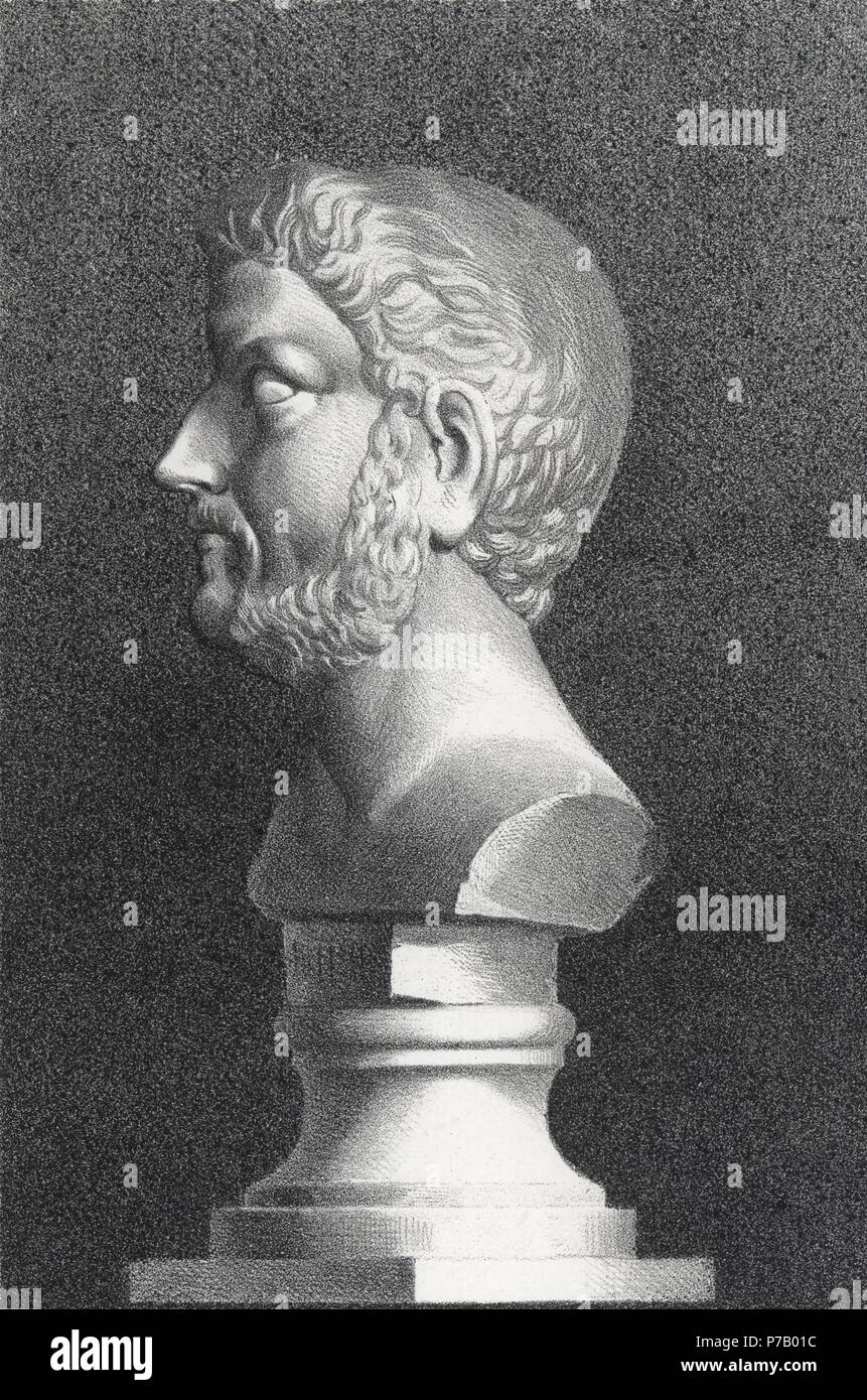 Historia. Busto de Publio Elio Adriano (76-138), emperador del imperio romano, en el museo arqueológico de Tarragona. Grabado de 1871. Stock Photo
