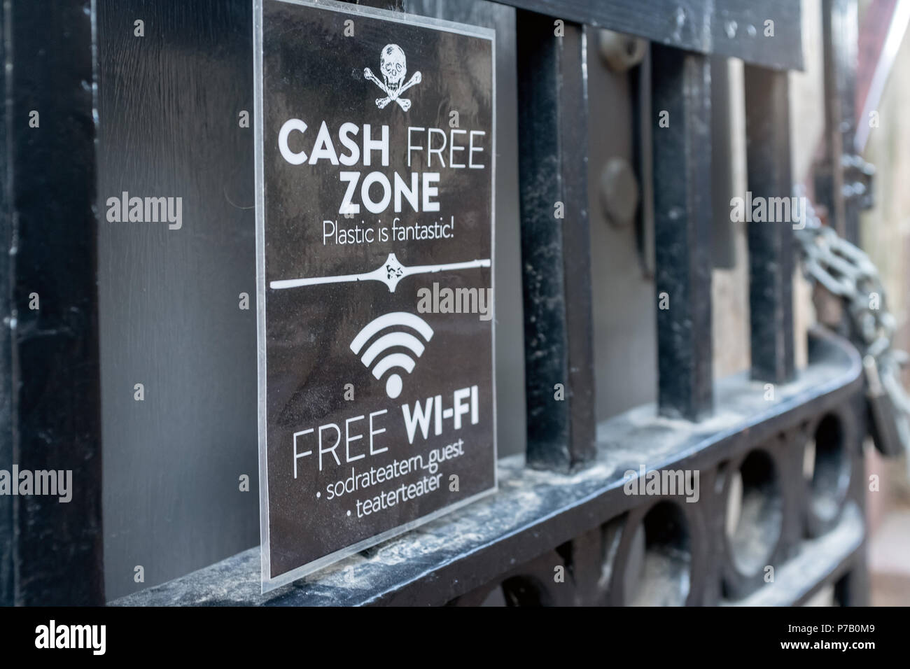 Cash Free Zone and Free Wi Fi sign, Sodermalm, Stockholm, Sweden Stock Photo