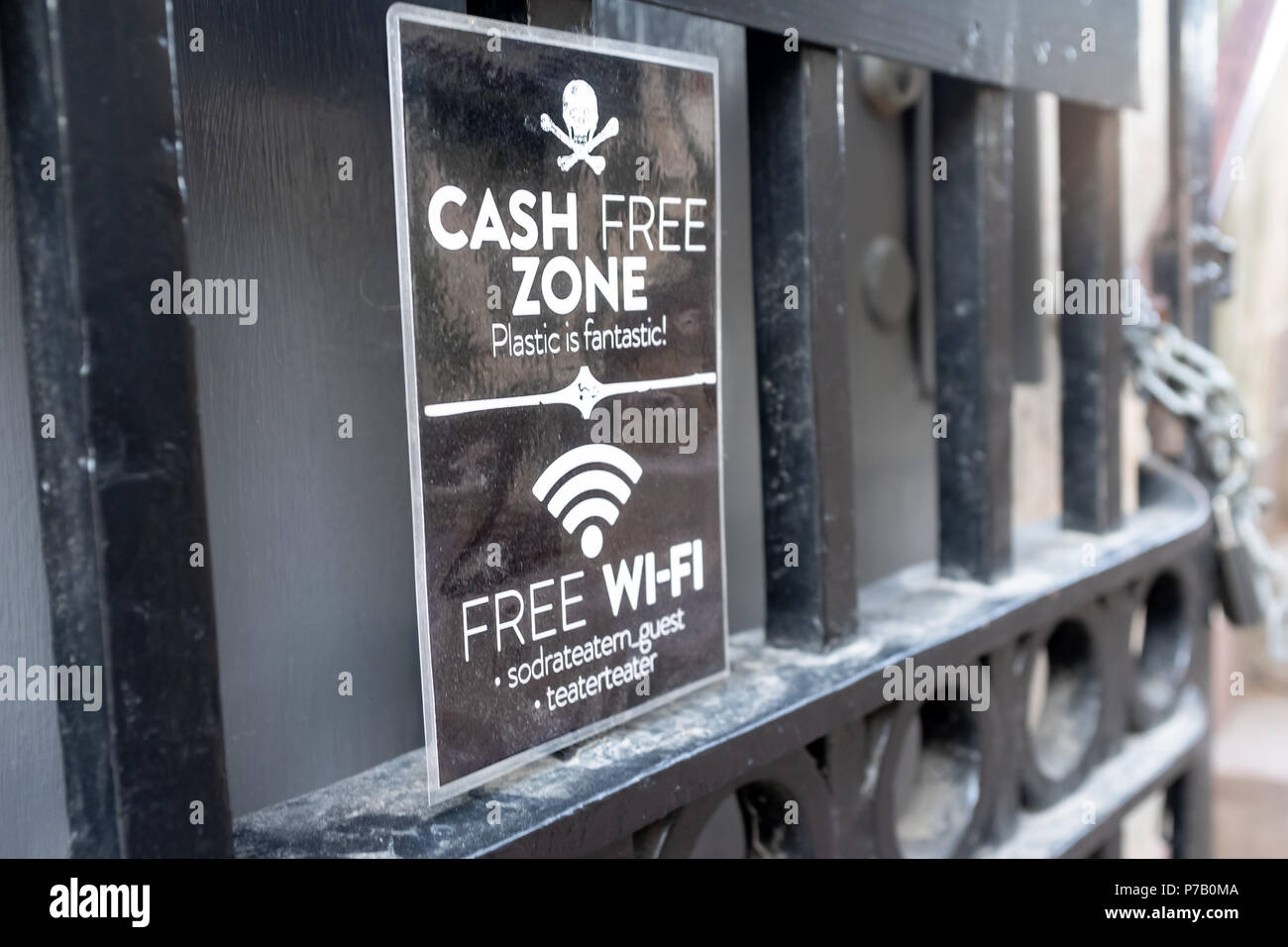 Cash Free Zone and Free Wi Fi sign, Sodermalm, Stockholm, Sweden Stock Photo