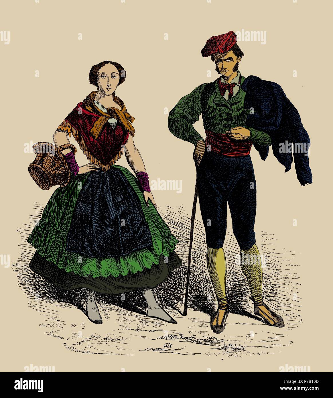 España. Catalunya. Tipos barceloneses a principios del siglo XIX. Grabado de 1872 coloreado. Stock Photo