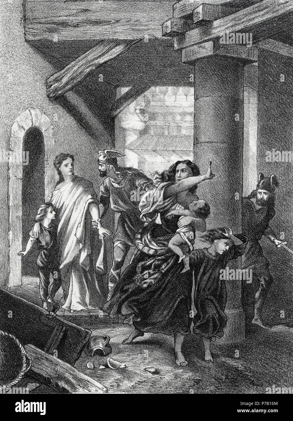 Historia. Expulsión de judíos durante el reinado de Egica, rey visigodo, acordada en el XVII Concilio de Toledo el año 694. Grabado de 1871. Stock Photo