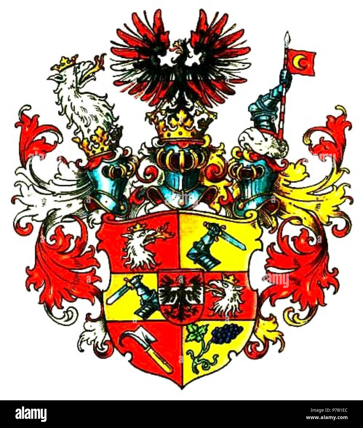 Wappen Graf Oppersdorff, Freiherr von Aich und Friedstein, Herr zu Oberglogau, gespalten und 2x geteilt (6 Felder) und mit rotem Herzschild, darin silberner Balken, das Ganze belegt mit schwarzem Adler, 1 und 4 in Rot feuerspeiender Kopf eines einwärts gekehrten silbenen Greifen (StW), 2 und 3 in Gold ein geharnischter Schwertarm, 5 in Rot ein schräg gestelltes goldenbegrifftes Rebmesser, 6 in Gold eine schräglinks liegende Rebe blauer Weintrauben (Stadt Oberglogau). 3 Helme: rechts mit r.-s. Decken der Greifenkopf samt Hals, auf dem mittleren mit rechts r.-s., links r.-g. Decken der Adler vor Stock Photo