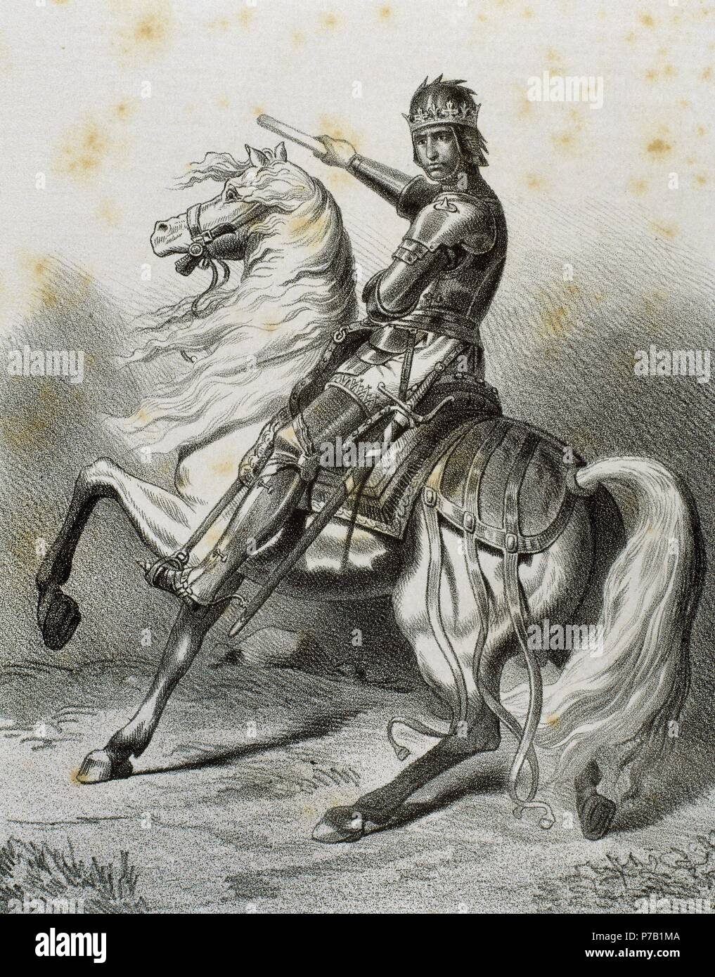 Alfonso V of Aragon, called The Magnanimous (1396-1458). King of the Kingdom of Aragon and Naples. Alfonso the Magnanimous on horseback. Engraving in Spain Illustrated History, 19th century. Stock Photo