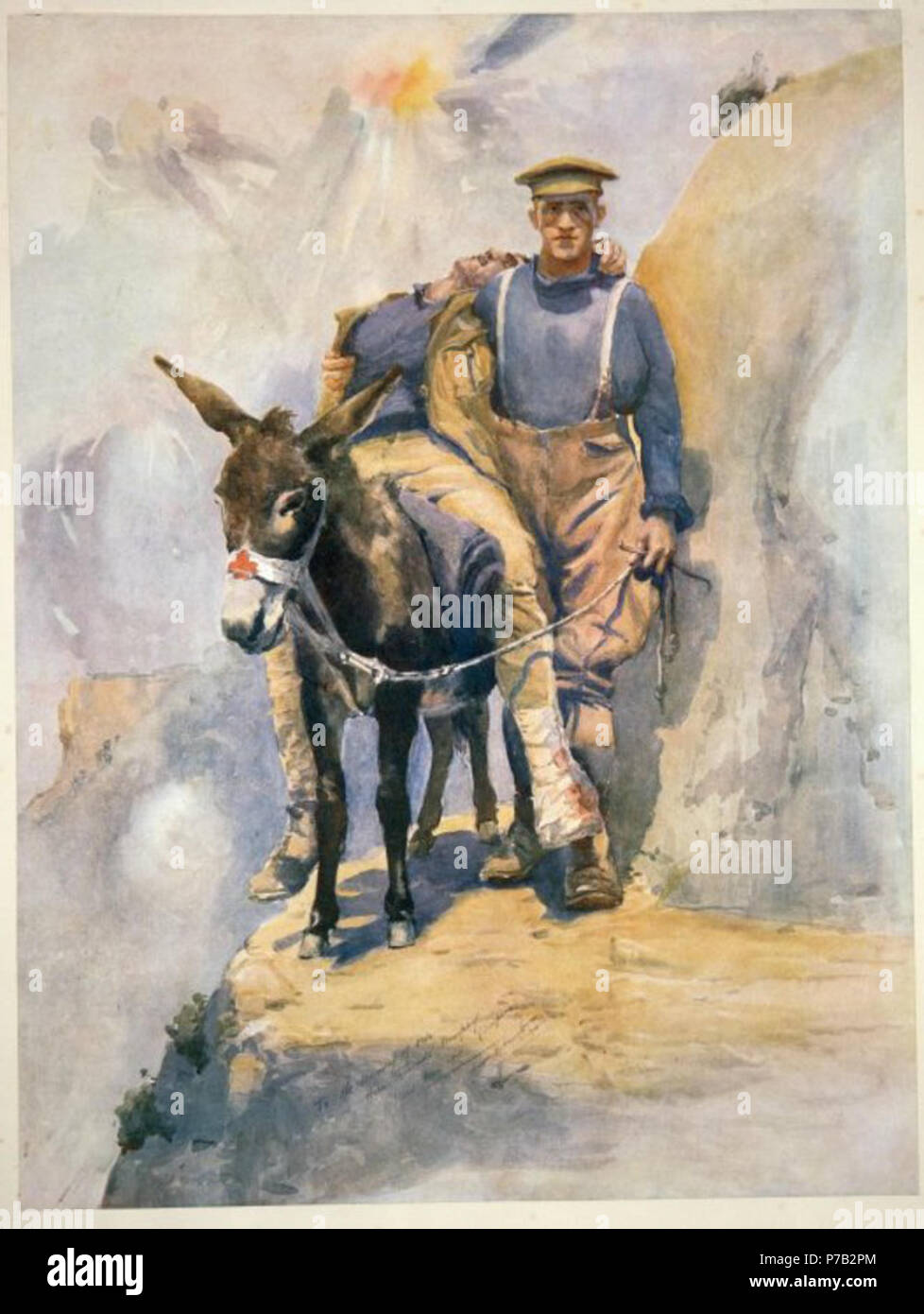English: A 1918 watercolour painting titled To the memory of our hero comrade 'Murphy' (Simpson) killed May 1915. Heroes of the Red Cross. Private Simpson, D.C.M., & his donkey at Anzac, depicting a medic and his donkey helping an injured man back to base at Gallipoli. Despite the title, this was actually based on a photo of the medic Lt. Richard Henderson (1895-1958), who took up the role after Simpson was killed.[1] Printed in England and published by W. J. Bryce, 24a Regent Street, London, S.W. 1. 1918. 1918 65 Private Simpson, D.C.M., &amp; his donkey at Anzac Stock Photo