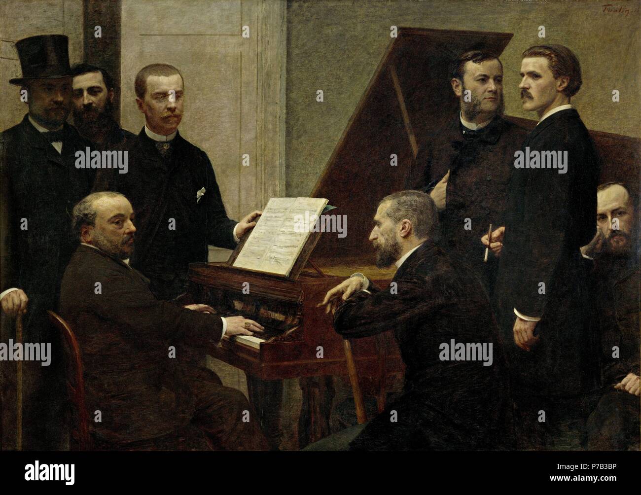 Henri Fantin-Latour / 'Around the piano (Emmanuel Chabrier at the piano), 1885, Oil on canvas, 160 x 222 cm. Artwork also known as: AUTOR DE PIANO. Museum: MUSEE D'ORSAY. Stock Photo