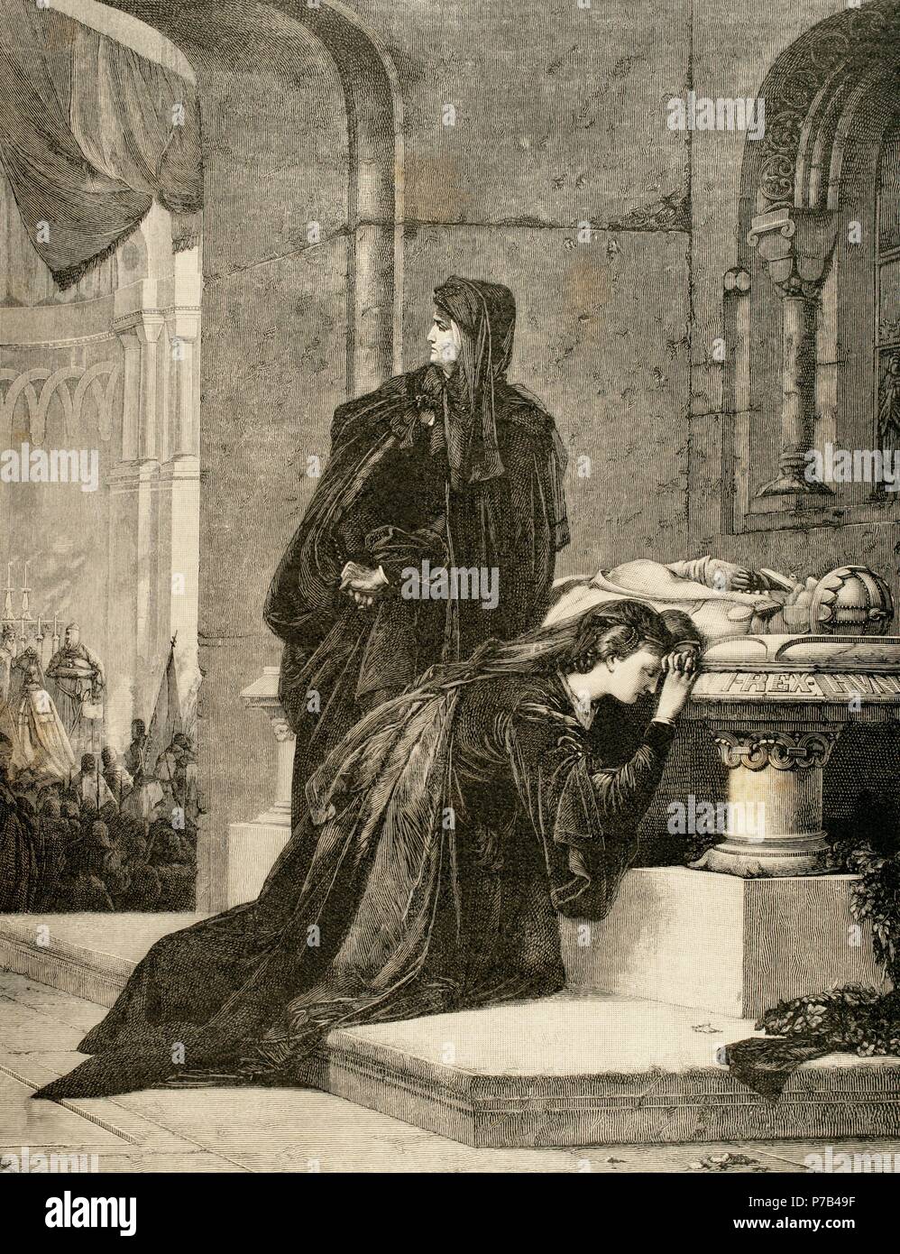 Queen Mary I of Hungary (1371-1395) and his mother Queen consort Elizabeth of Bosnia (1339-1387) mourning at the tomb of her father and husband Louis I of Hungary (1326-1382). Engraving after the painting of A. Liezen-Mayer. 19th century. Stock Photo