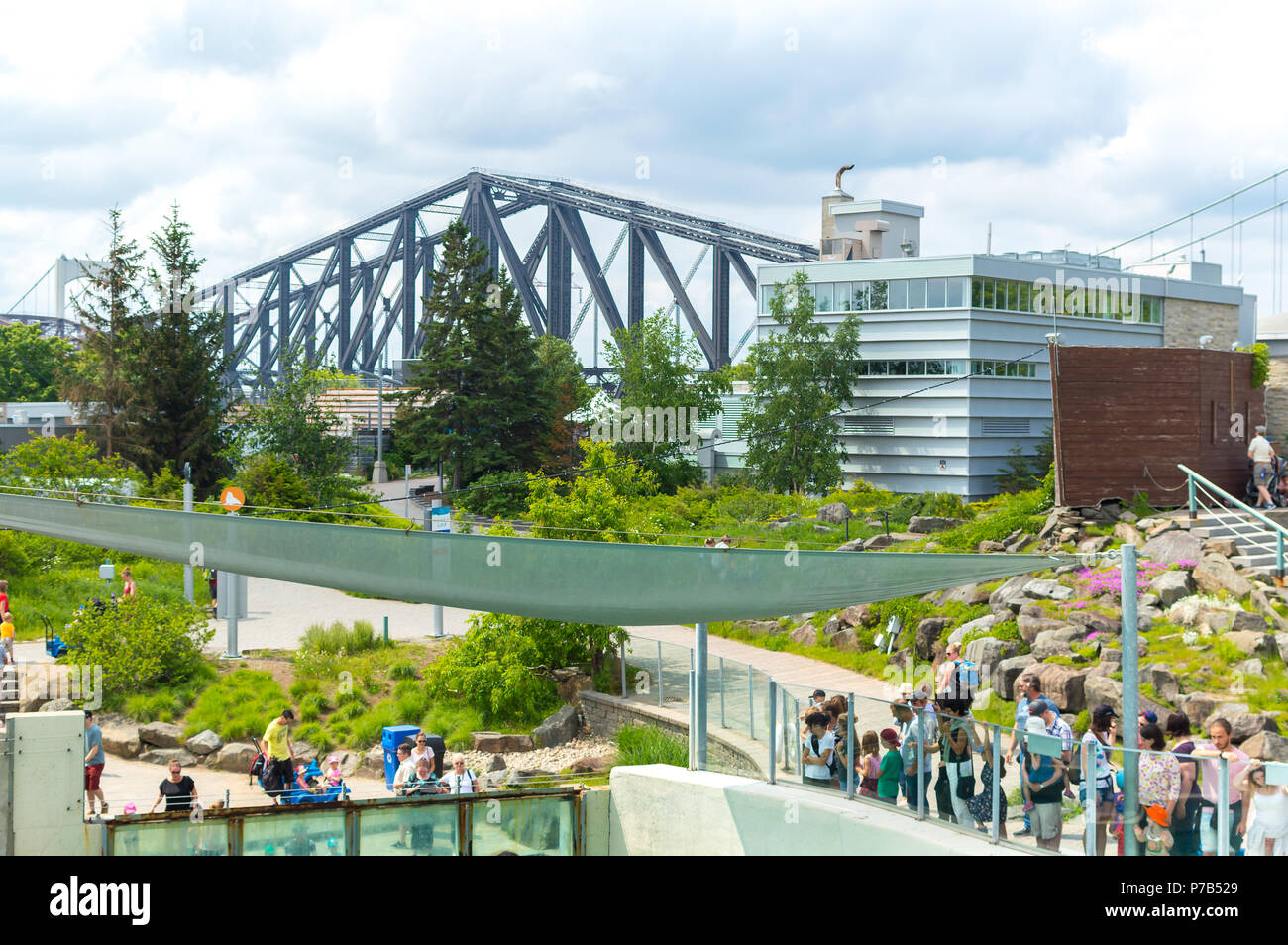 Montreal, Canada - June 23, 2018: Quebec city bridge and the aquarium park in Quebec city, Canada Stock Photo