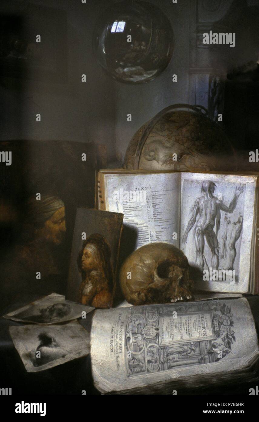 Simon Luttichuys (1610-1661). British painter. Still life with a skull. The Netherlands, ca 1631.Oil on wood. National Museum. Gdansk. Poland. Stock Photo