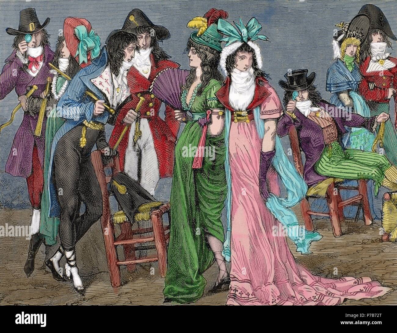 French history. First Empire (1804-1820). Dressed as bourgeois fashion empire style. Engraving. 19th century. Colored. Stock Photo