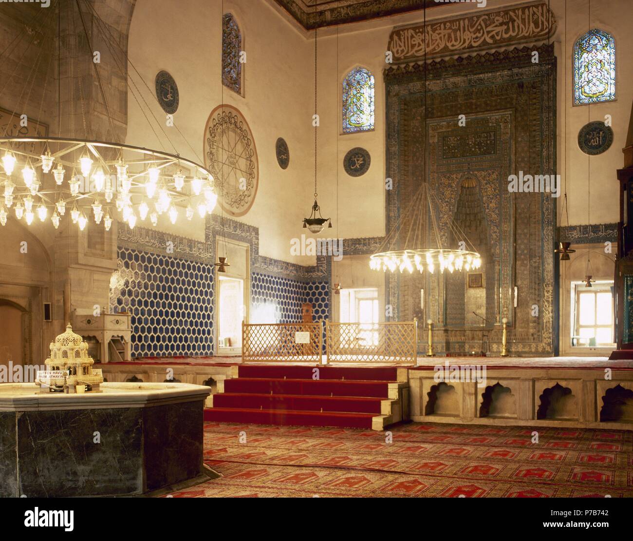 Turkey. Bursa. Green Mosque. Built by Haci Ivaz Pasha between 1419-1421 and renovated in the 19th century. View of the Prayer Room with the mihrab. Stock Photo