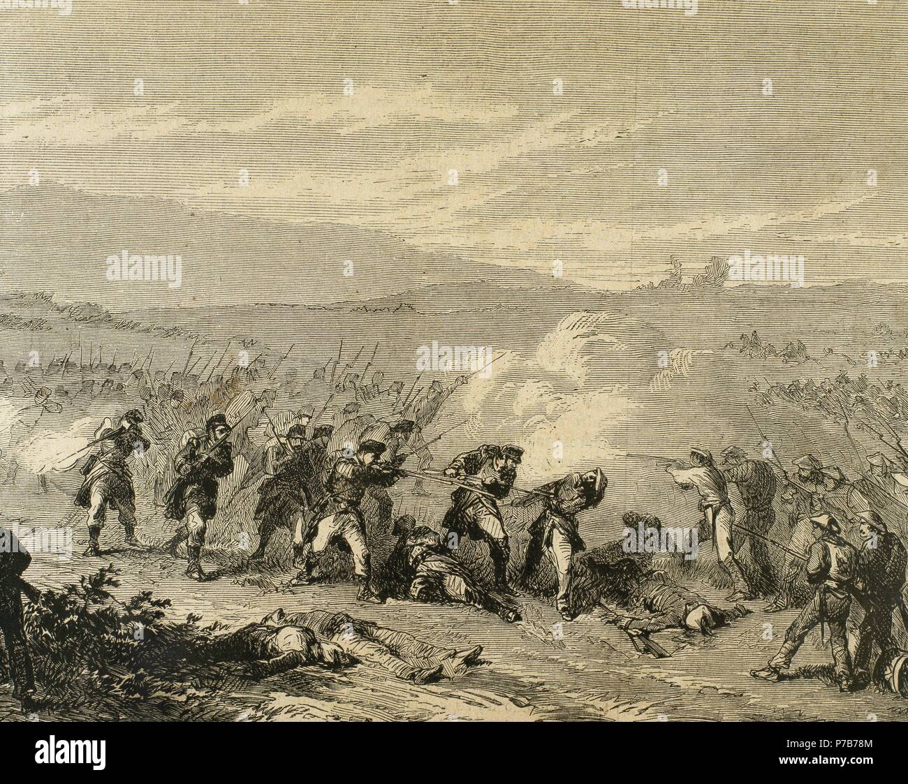 Third Carlist War (1872-1876). Navarre. Action of Azcona. Two Battalion of Hunters breaking through one Carlist watch. Engraving by Capuz in 'La Ilustracio n Espan ola y Americana', 1872. Stock Photo