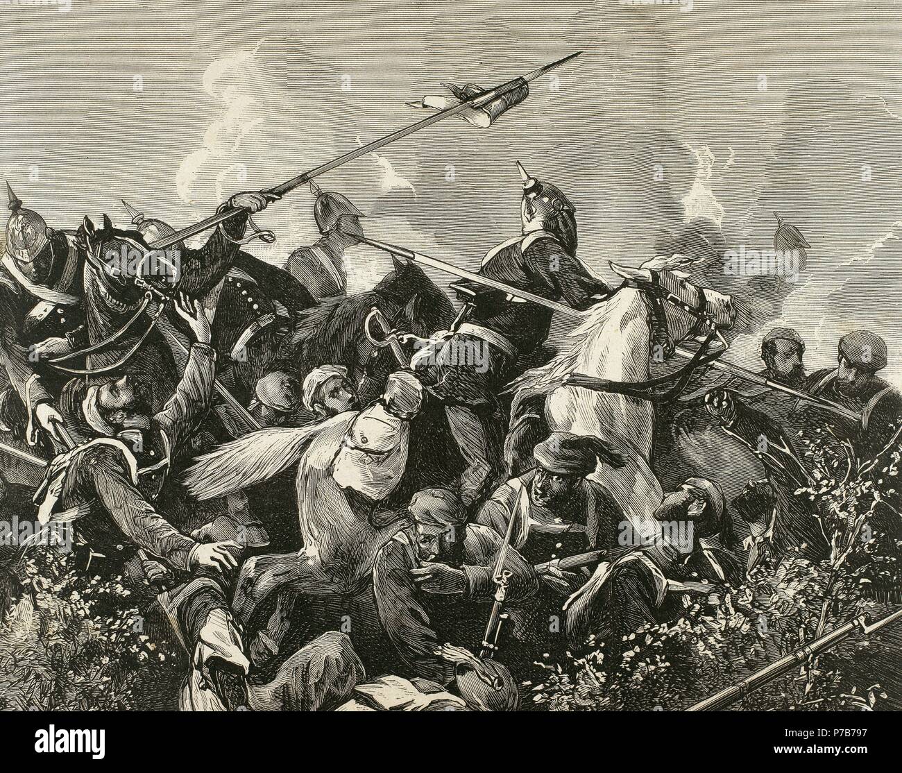 Third Carlist War (1872-1876). Fight between Carlist and liberal troops. Engraving. Stock Photo