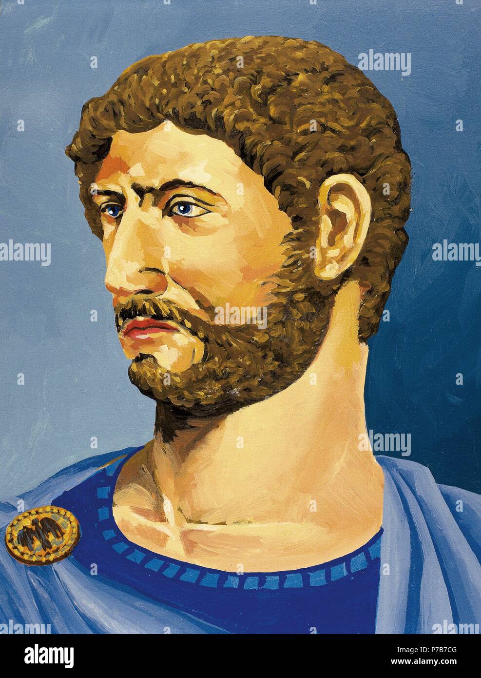 Hadrian (76-138). Roman emperor.  Watercolor. Stock Photo