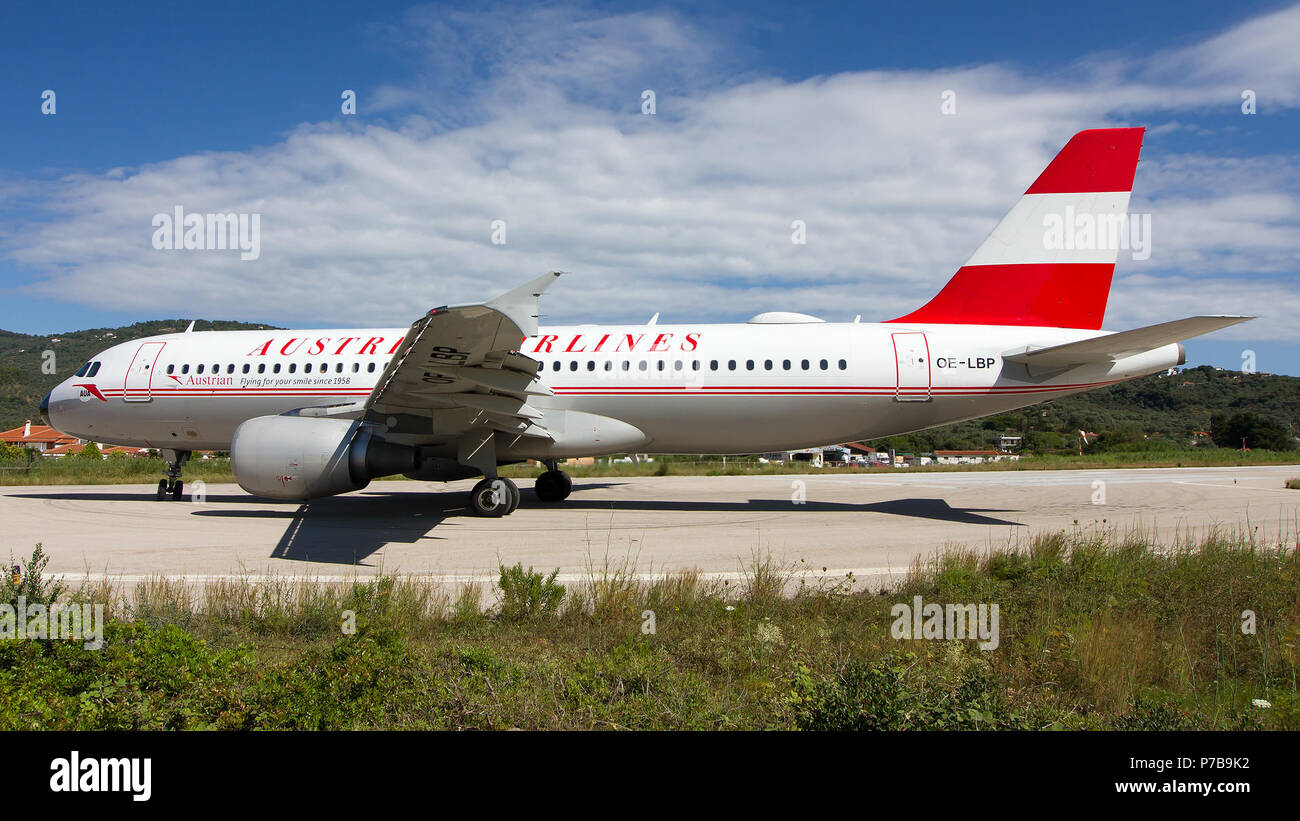 Austrian Airlines Airbus 320 retro livery, taking the runway at Skiathos airport. Stock Photo